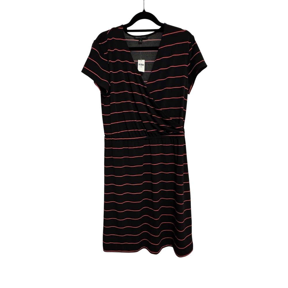 Banana Republic Black Coral Stripe‎ V Neck Wrap Waist Midi Dress Size M